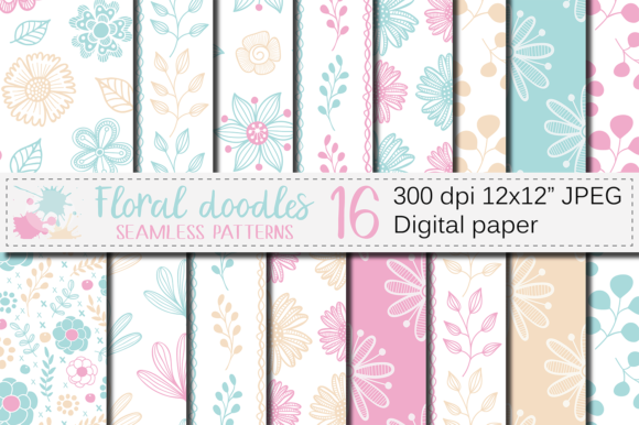 Explore Aqua Blue and Pink Floral Digital Paper