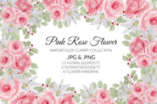 Pink Rose Flower Watercolor Clipart Set